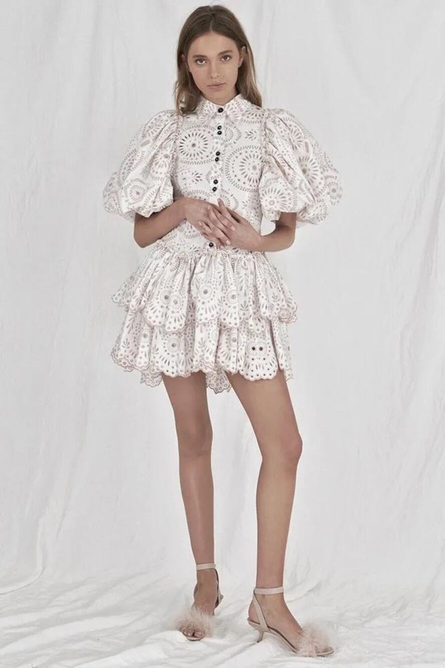L’ATISTE Broderie Anglaise Tiered Mini Dress Exaggerate Balloon Sleeve Sz L NWT